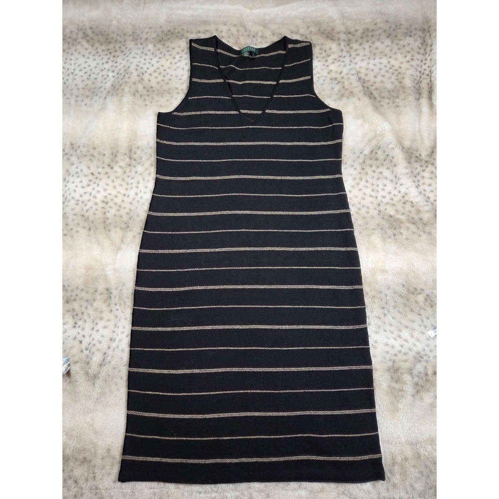 Lauren Ralph Lauren Linen Blend Striped Knit V Neck Dress L Black Tan